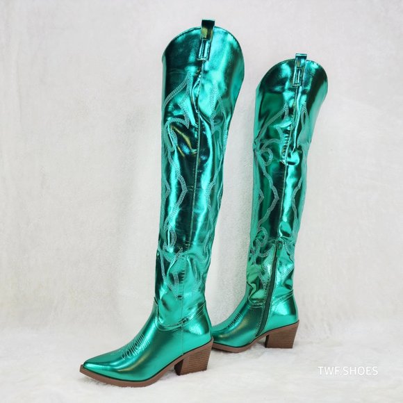 Country Disco Cowboy Metallic Green Western Cowgirl OTK Thigh Boots New - Picture 9 of 15